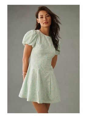 NWT ANTHROPOLOGIE MAEVE Puff-Sleeve Pleated Dress Size S Mint
